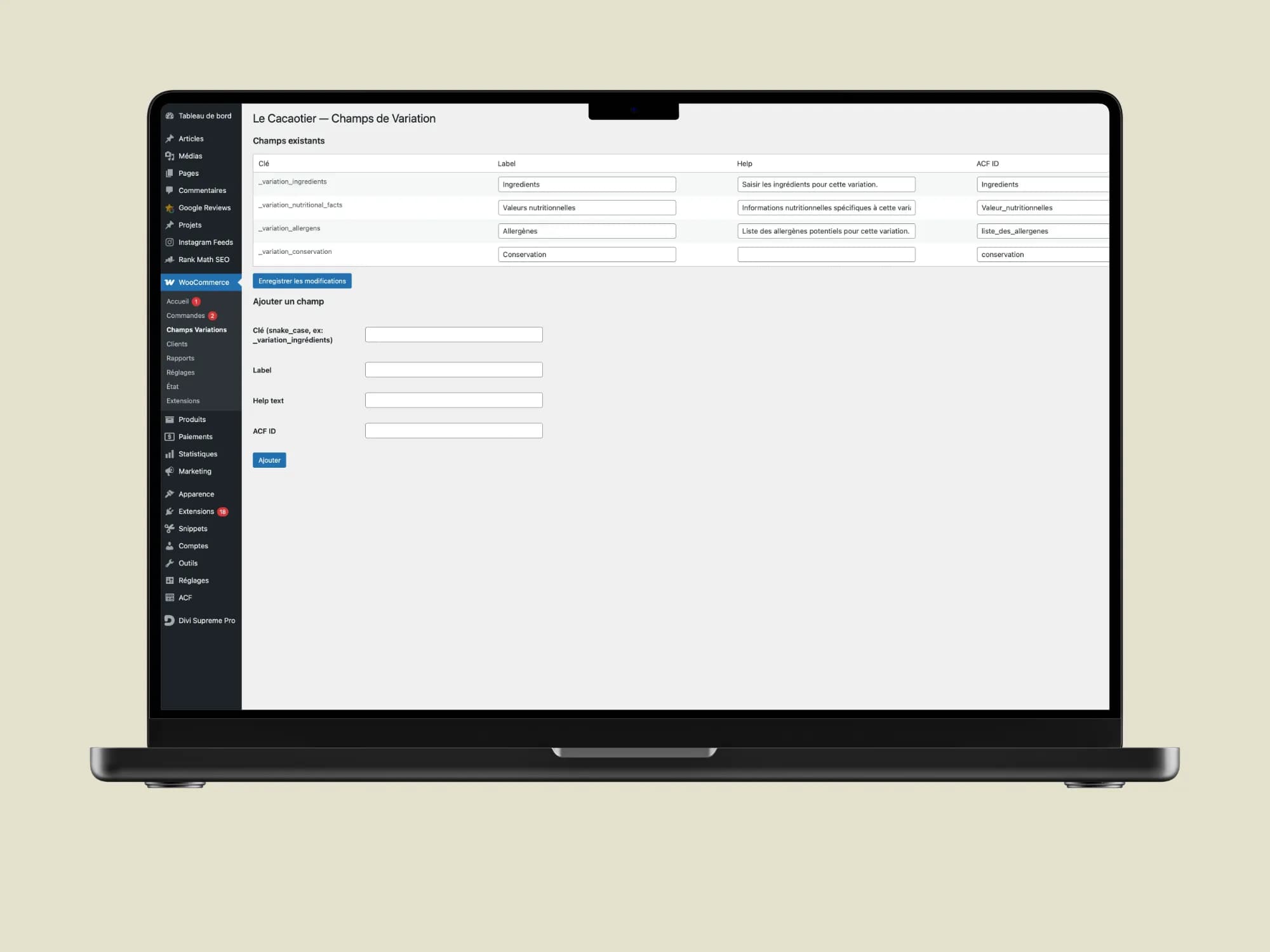 Interface d’administration du plugin pour créer des champs